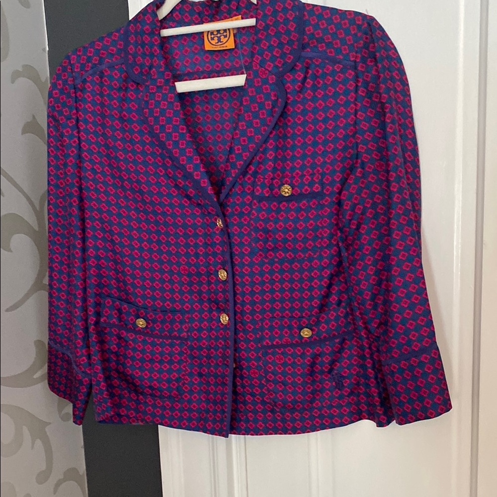 Tory Burch Purple & Navy silk lounging top with pockets